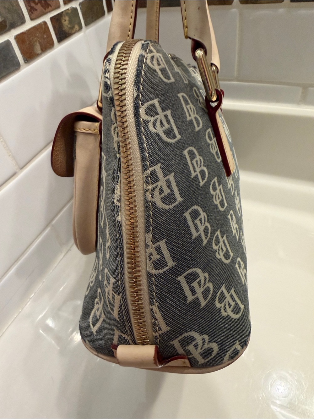 Dooney & Bourke Monogram Satchel in Brown and Cream - Picture 5 of 11